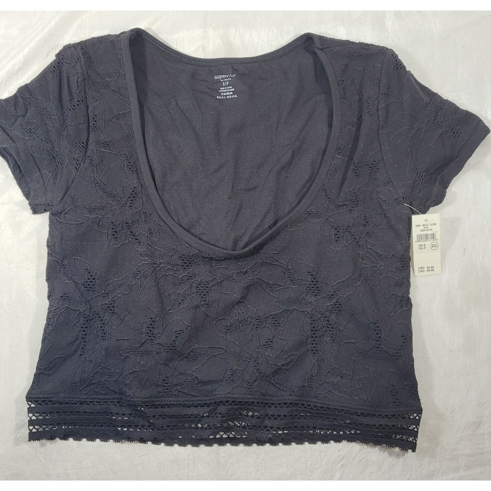 American Eagle Aerie Superchill Floral Seamless Cap Sleeve Crop Top - Black - S - Picture 3 of 5